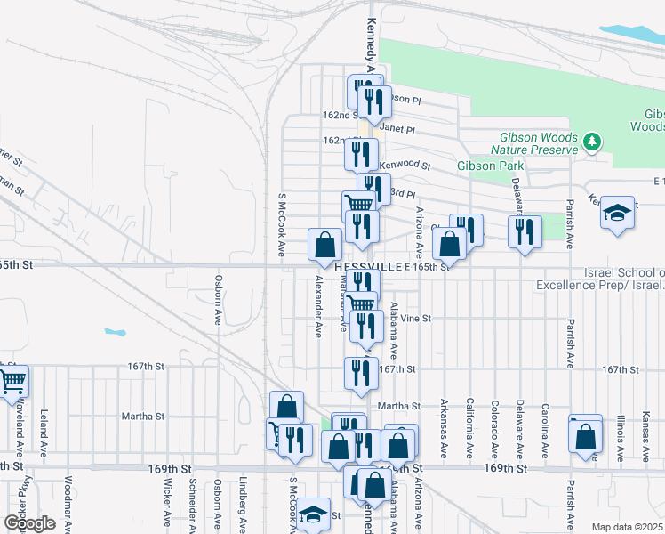 map of restaurants, bars, coffee shops, grocery stores, and more near 6517 Alexander Avenue in Hammond