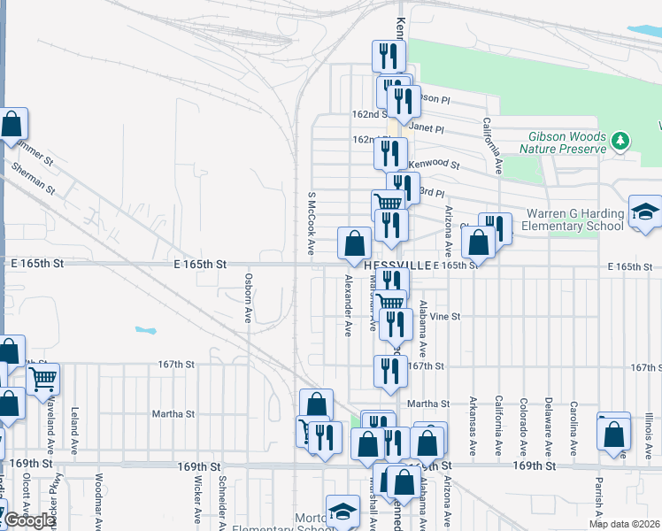 map of restaurants, bars, coffee shops, grocery stores, and more near 6519 South McCook Avenue in Hammond
