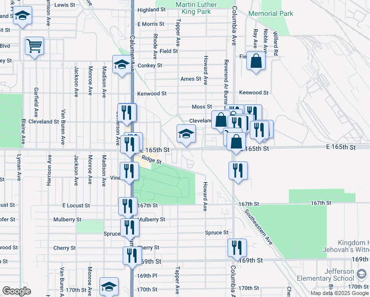 map of restaurants, bars, coffee shops, grocery stores, and more near 1014 165th St in Hammond