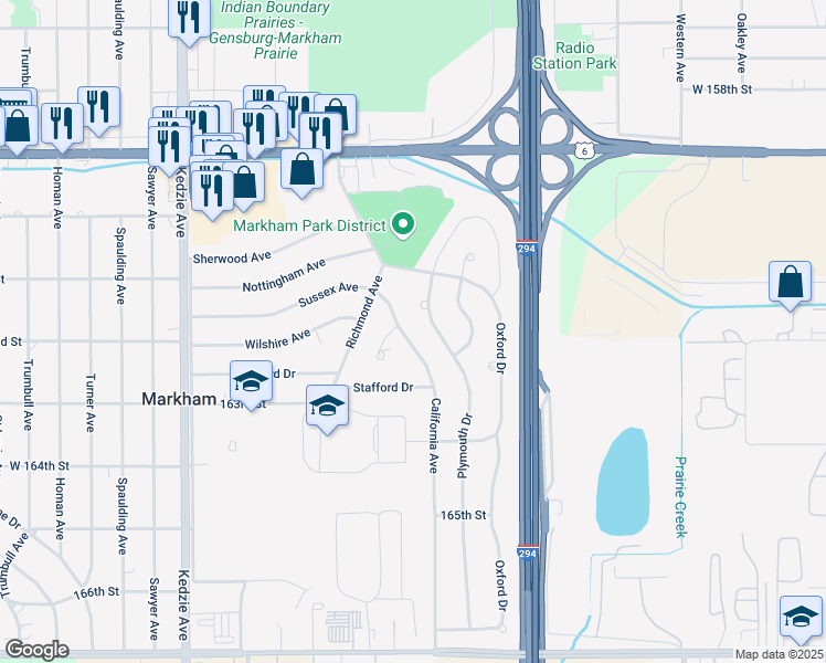 map of restaurants, bars, coffee shops, grocery stores, and more near 16228 Sussex Avenue in Markham