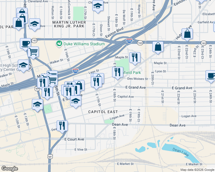 map of restaurants, bars, coffee shops, grocery stores, and more near 1739 East Grand Avenue in Des Moines