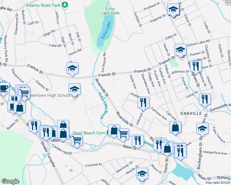 map of restaurants, bars, coffee shops, grocery stores, and more near 61 Stephanie Lane in Watertown