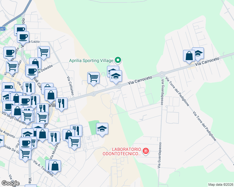 map of restaurants, bars, coffee shops, grocery stores, and more near 154 Via Carroceto in Provincia di Latina