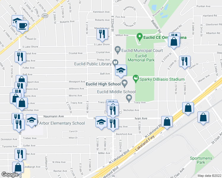 map of restaurants, bars, coffee shops, grocery stores, and more near 712 East 222nd Street in Euclid
