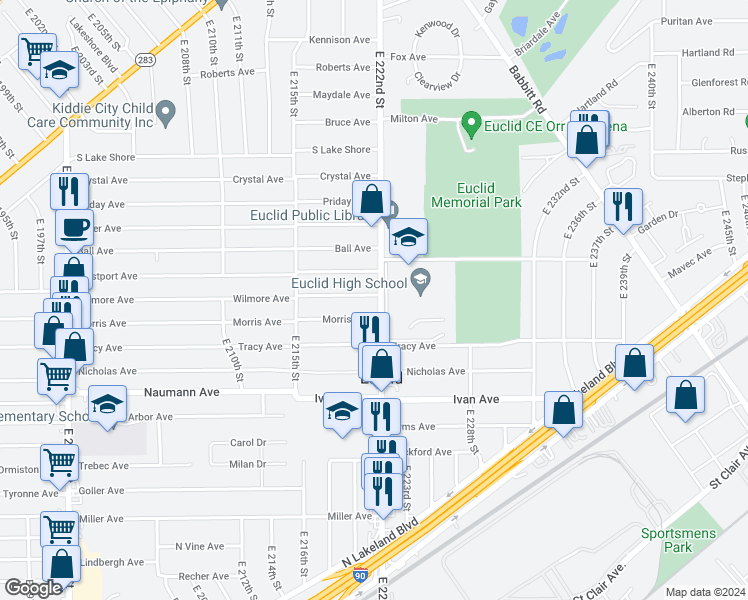 map of restaurants, bars, coffee shops, grocery stores, and more near 710 East 222nd Street in Euclid