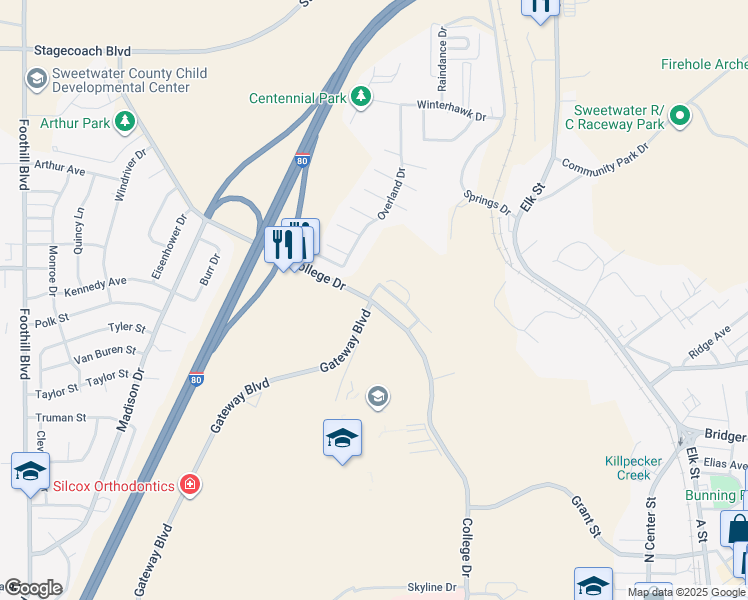 map of restaurants, bars, coffee shops, grocery stores, and more near 101 College Court in Rock Springs