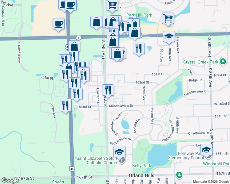 map of restaurants, bars, coffee shops, grocery stores, and more near 9302 Hunter Drive in Orland Hills