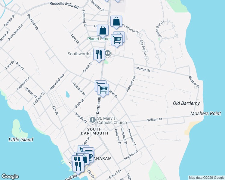map of restaurants, bars, coffee shops, grocery stores, and more near 105 Rockland Street in Dartmouth