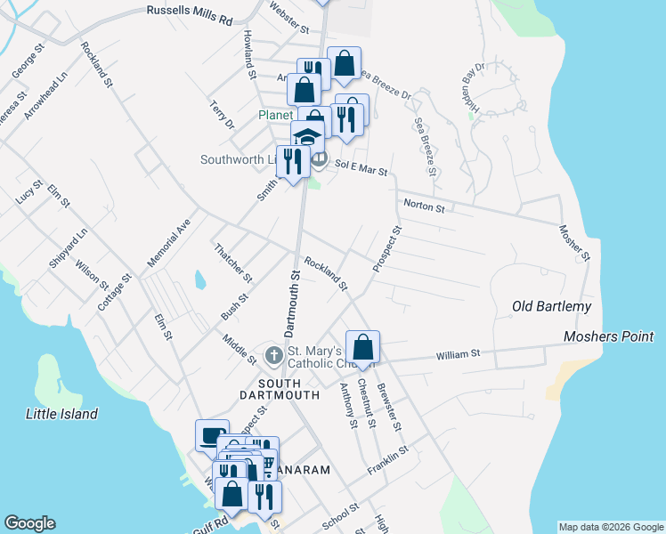map of restaurants, bars, coffee shops, grocery stores, and more near 10 Clover Street in Dartmouth