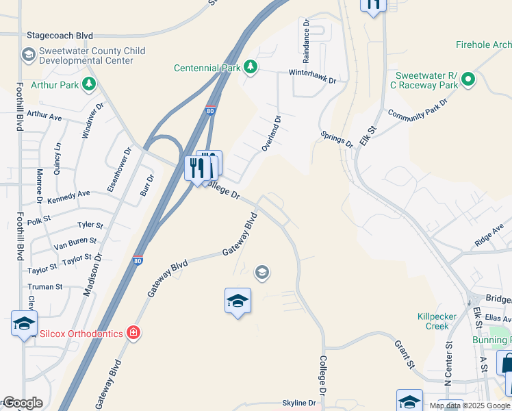 map of restaurants, bars, coffee shops, grocery stores, and more near 100 College Court in Rock Springs