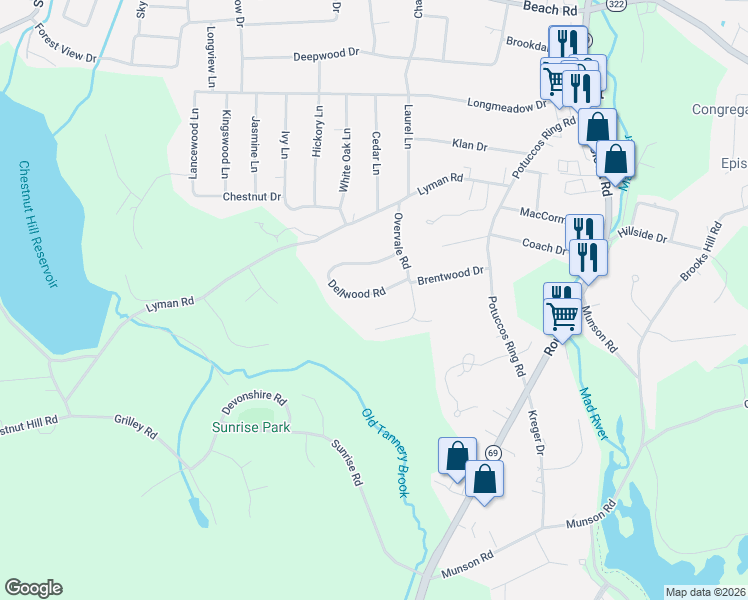 map of restaurants, bars, coffee shops, grocery stores, and more near 9 Dellwood Road in Wolcott