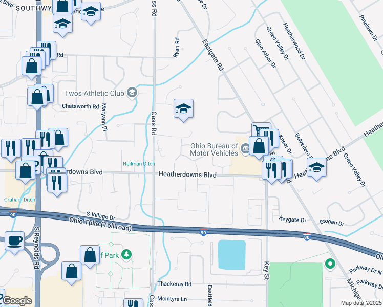 map of restaurants, bars, coffee shops, grocery stores, and more near 2429 South Park Lane in Toledo