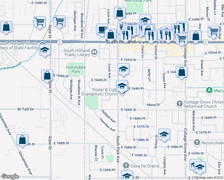 map of restaurants, bars, coffee shops, grocery stores, and more near 16518 South Park Avenue in South Holland