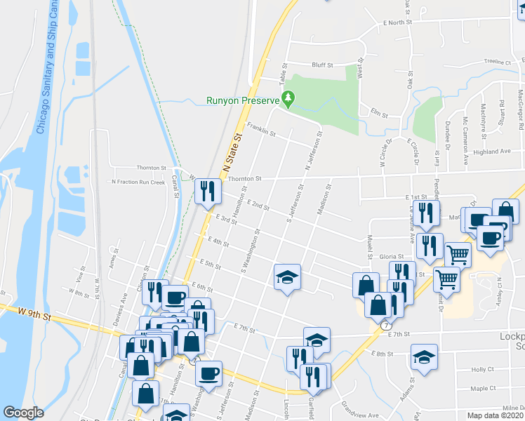 map of restaurants, bars, coffee shops, grocery stores, and more near 228 South Washington Street in Lockport