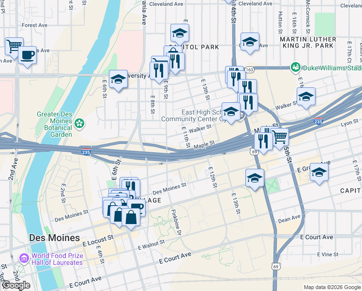map of restaurants, bars, coffee shops, grocery stores, and more near 1100 Maple Street in Des Moines
