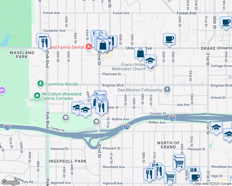 map of restaurants, bars, coffee shops, grocery stores, and more near 918 40th Place in Des Moines