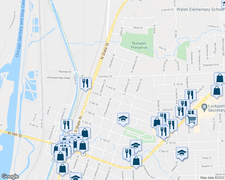 map of restaurants, bars, coffee shops, grocery stores, and more near 228 South Washington Street in Lockport