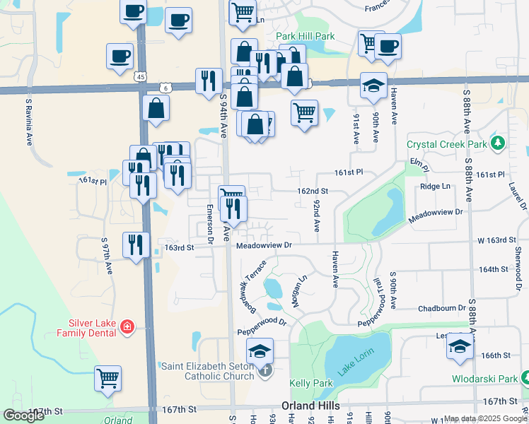 map of restaurants, bars, coffee shops, grocery stores, and more near 9208 Hunter Drive in Orland Hills