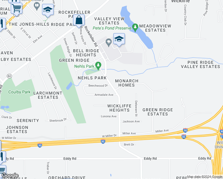 map of restaurants, bars, coffee shops, grocery stores, and more near 2460 Rockefeller Road in Wickliffe