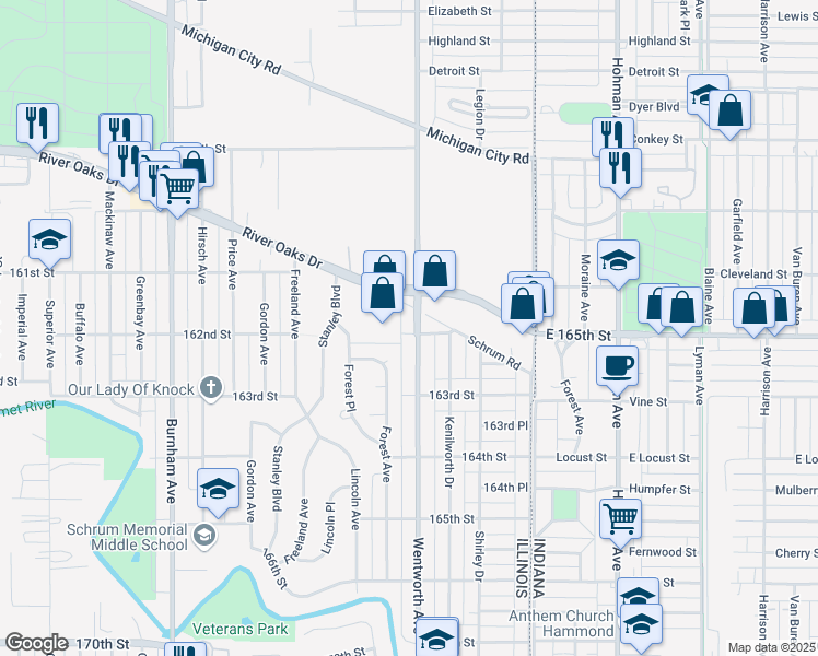 map of restaurants, bars, coffee shops, grocery stores, and more near 1338 Wentworth Avenue in Calumet City