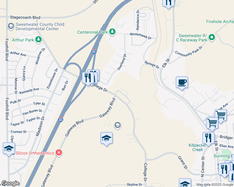 map of restaurants, bars, coffee shops, grocery stores, and more near 100 College Court in Rock Springs