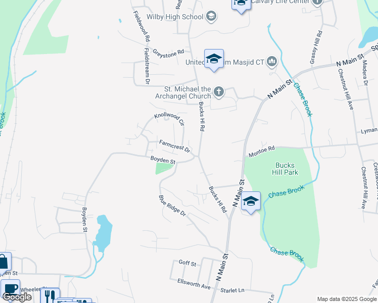 map of restaurants, bars, coffee shops, grocery stores, and more near 201 Bucks Hill Road in Waterbury