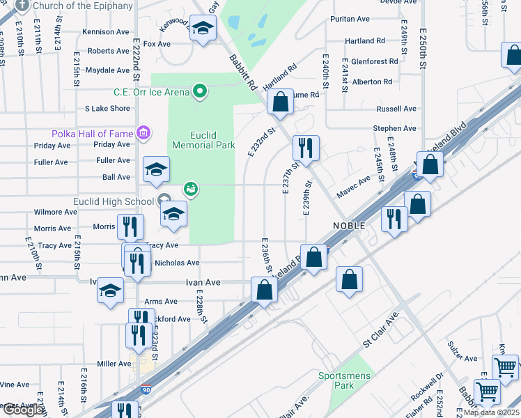 map of restaurants, bars, coffee shops, grocery stores, and more near 812 East 236th Street in Euclid