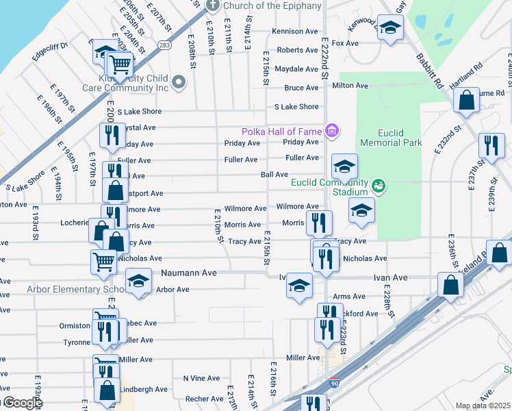 map of restaurants, bars, coffee shops, grocery stores, and more near 21471 Westport Avenue in Euclid
