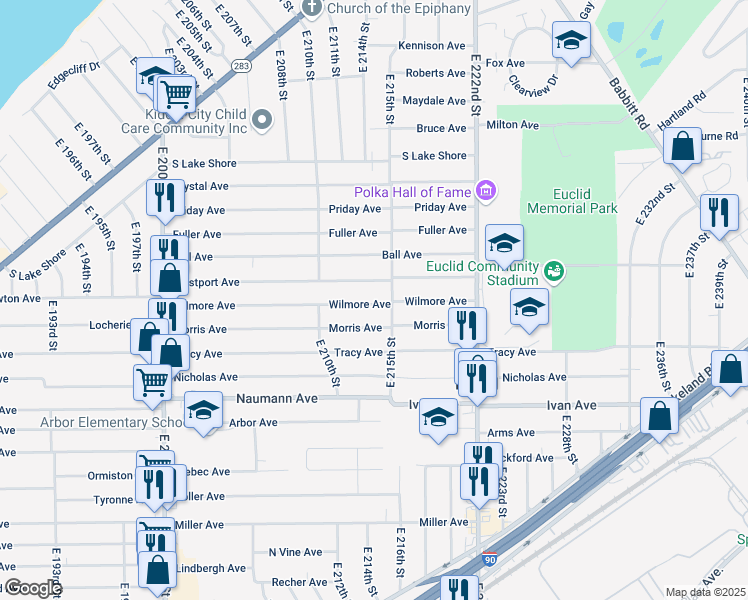 map of restaurants, bars, coffee shops, grocery stores, and more near 21471 Westport Avenue in Euclid