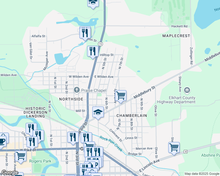 map of restaurants, bars, coffee shops, grocery stores, and more near 804 North 6th Street in Goshen