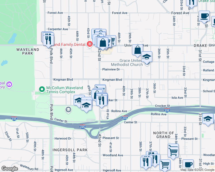 map of restaurants, bars, coffee shops, grocery stores, and more near 4120 Kingman Boulevard in Des Moines