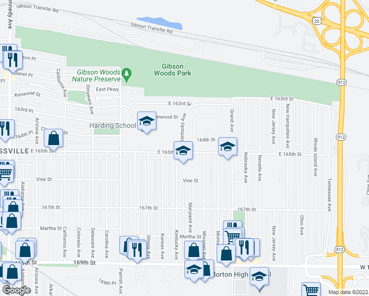 map of restaurants, bars, coffee shops, grocery stores, and more near 6445 Kentucky Avenue in Hammond