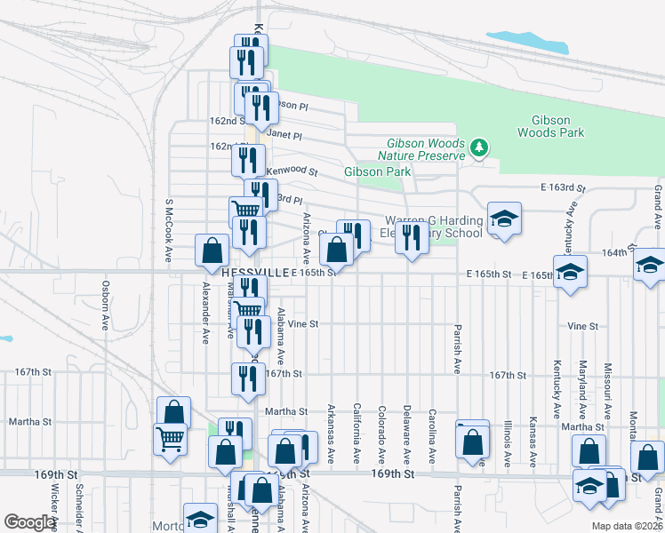 map of restaurants, bars, coffee shops, grocery stores, and more near 2940 Cleveland Street in Hammond