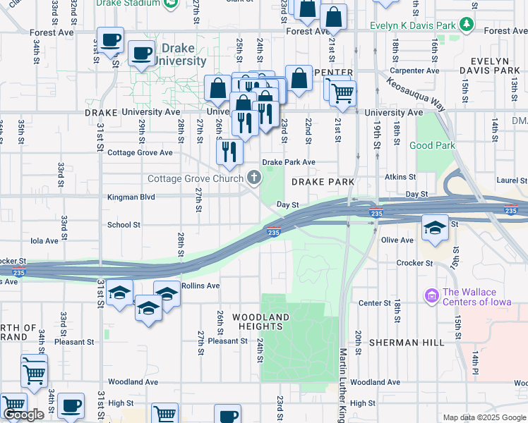 map of restaurants, bars, coffee shops, grocery stores, and more near 1011 24th Street in Des Moines