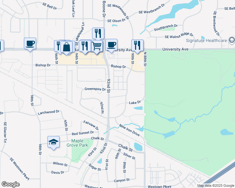 map of restaurants, bars, coffee shops, grocery stores, and more near 9120 Greenspire Drive in West Des Moines
