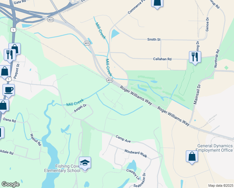 map of restaurants, bars, coffee shops, grocery stores, and more near 119 Ripple Lane in North Kingstown