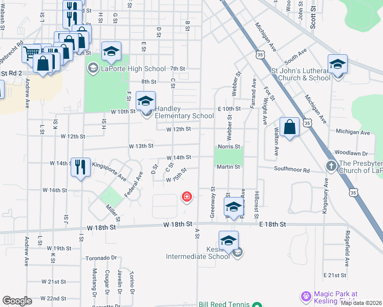 map of restaurants, bars, coffee shops, grocery stores, and more near 1209-1299 A Street in La Porte