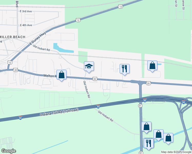map of restaurants, bars, coffee shops, grocery stores, and more near 7300 Melton Road in Gary
