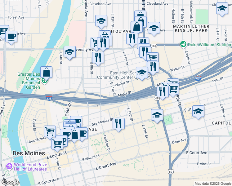 map of restaurants, bars, coffee shops, grocery stores, and more near 1100 Maple Street in Des Moines