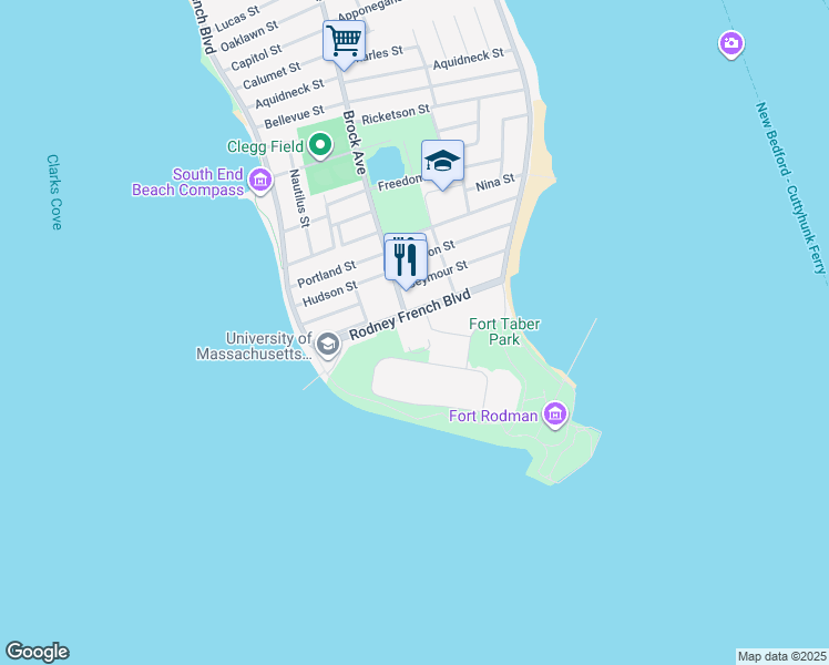 map of restaurants, bars, coffee shops, grocery stores, and more near 838 South Rodney French Boulevard in New Bedford