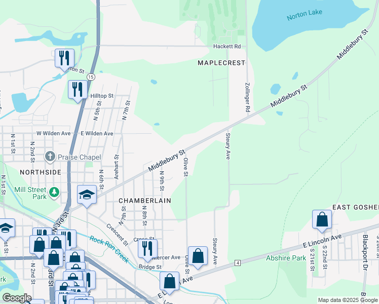 map of restaurants, bars, coffee shops, grocery stores, and more near 701-713 Middlebury Street in Goshen