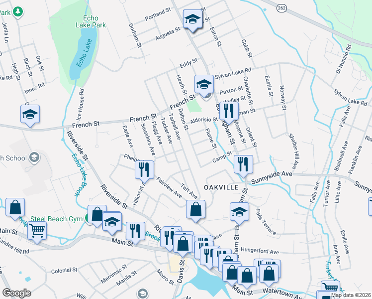 map of restaurants, bars, coffee shops, grocery stores, and more near 128 Tarbell Avenue in Watertown
