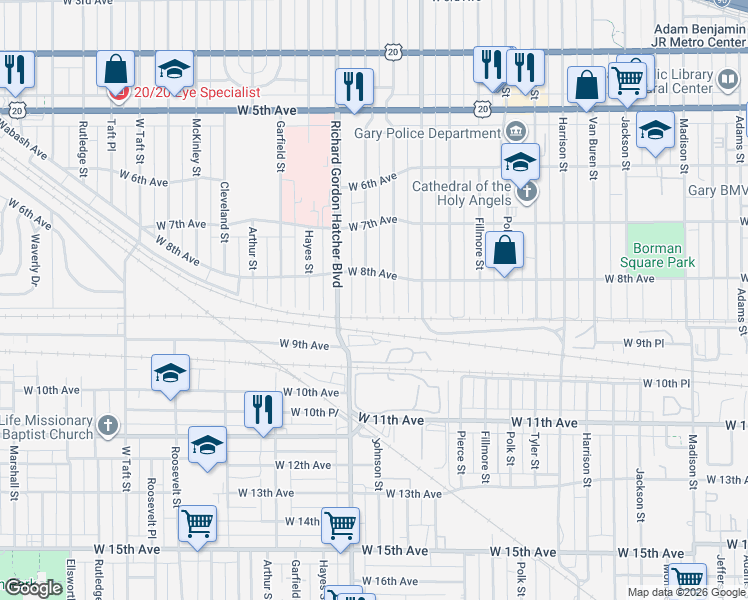 map of restaurants, bars, coffee shops, grocery stores, and more near 811 Johnson Street in Gary