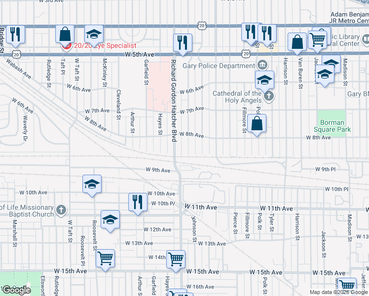 map of restaurants, bars, coffee shops, grocery stores, and more near 811 Johnson Street in Gary