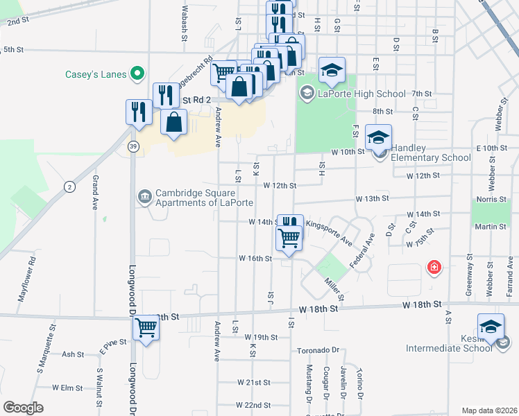 map of restaurants, bars, coffee shops, grocery stores, and more near 1303 K Street in La Porte