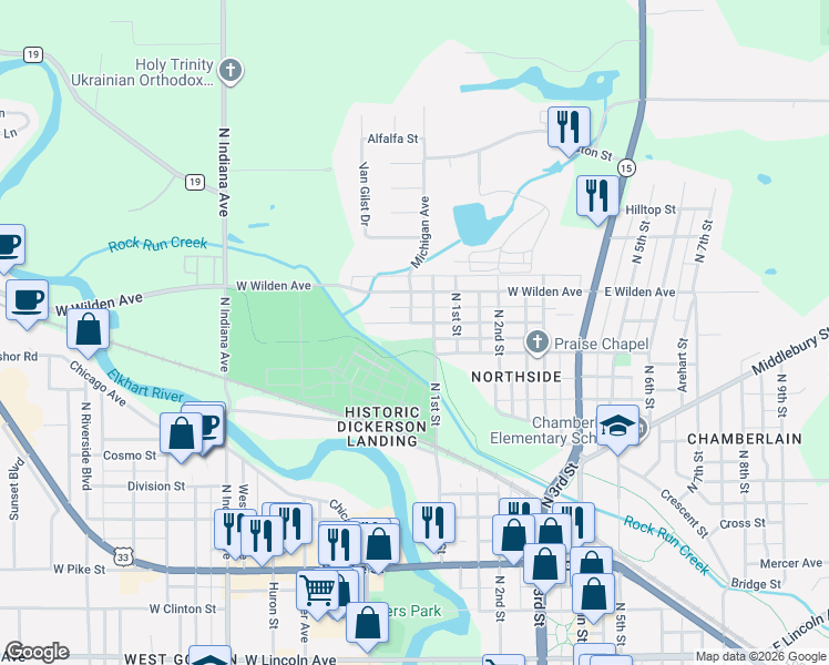map of restaurants, bars, coffee shops, grocery stores, and more near 415 Queen Street in Goshen
