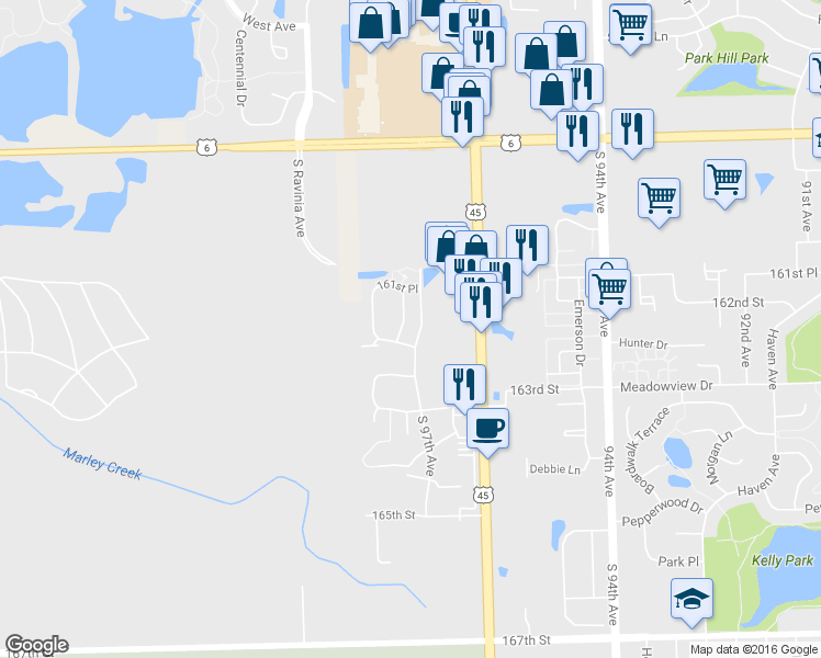 map of restaurants, bars, coffee shops, grocery stores, and more near 16161 Hackney Drive in Orland Park