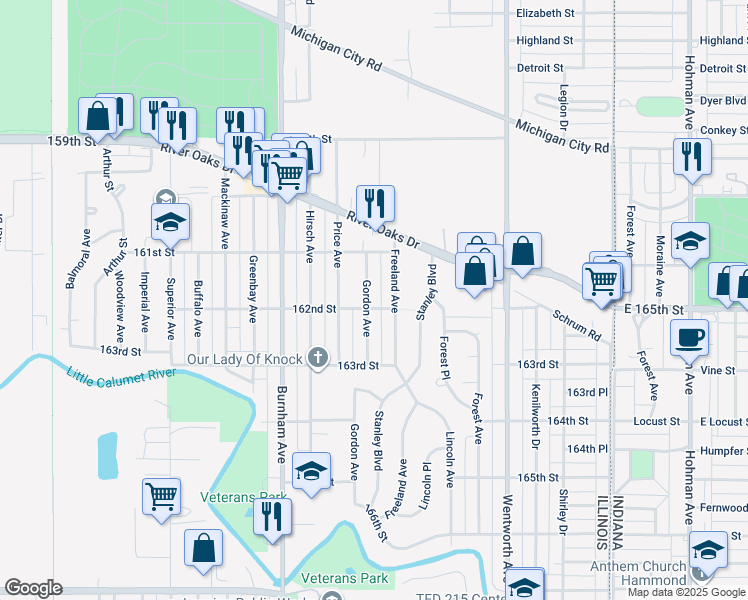 map of restaurants, bars, coffee shops, grocery stores, and more near 1341 Gordon Avenue in Calumet City