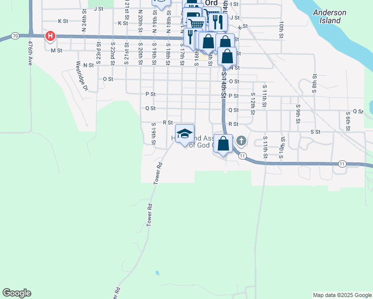 map of restaurants, bars, coffee shops, grocery stores, and more near 820 South 16th Street in Ord