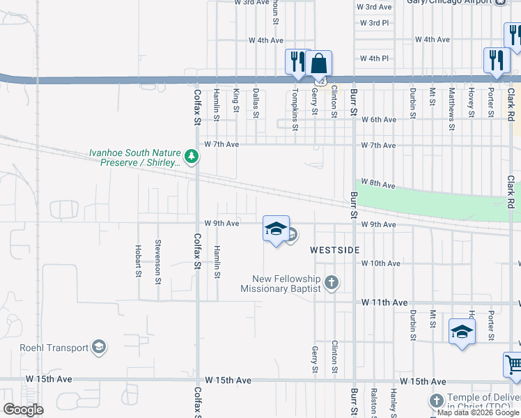 map of restaurants, bars, coffee shops, grocery stores, and more near 861 Dallas Street in Gary